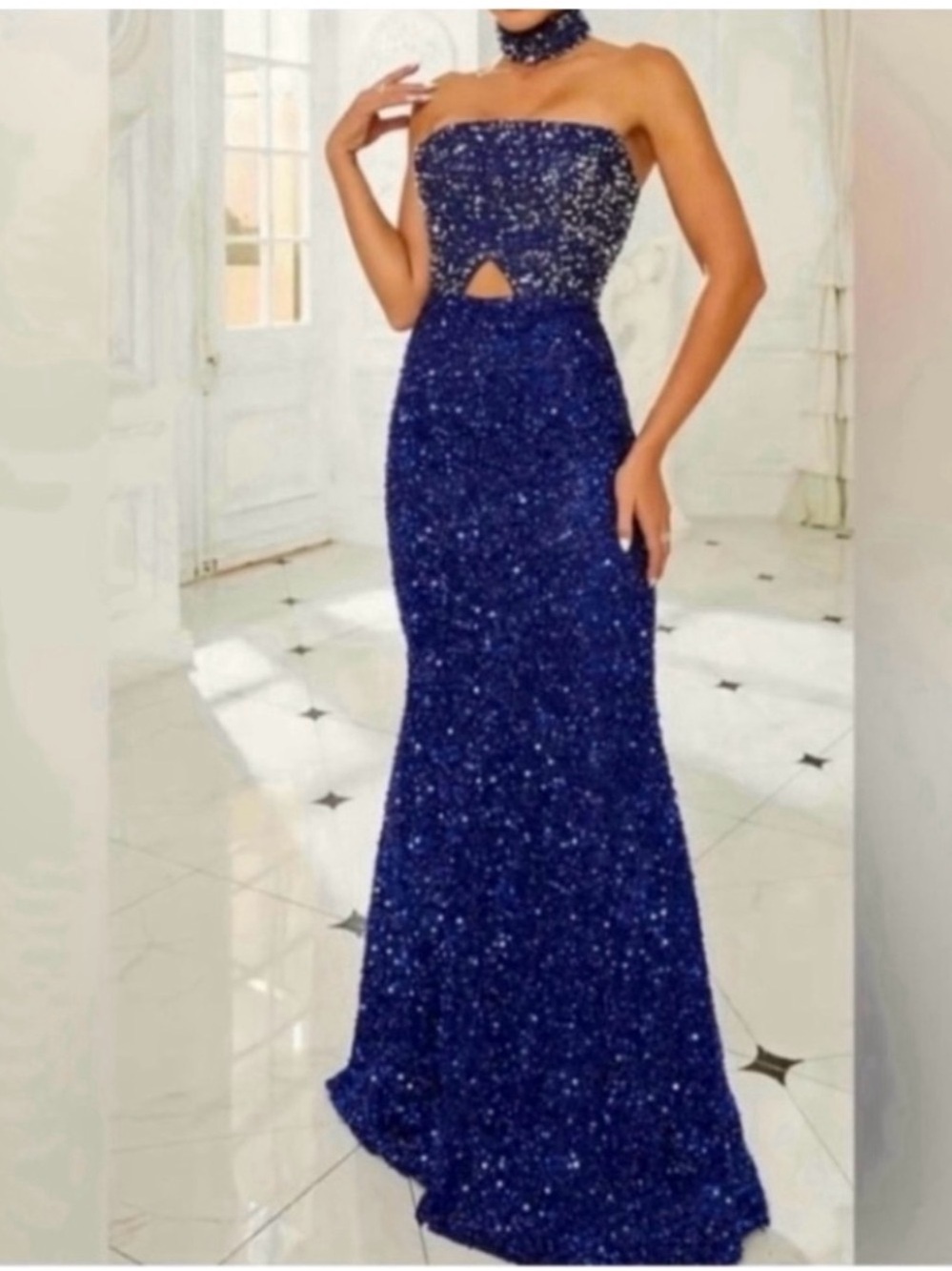 Strapless Navy Sequin Evening Gown